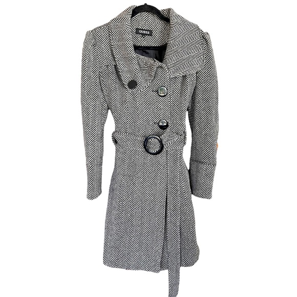 Guess Wool Blend Black White Herringbone Tweed Belted Coat M‎ - Picture 1 of 11